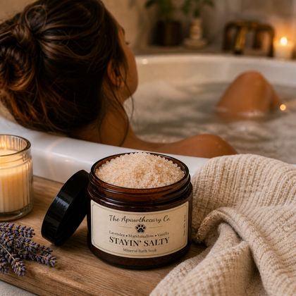 Stayin Salty – Mineral Bath Salt Soak displayed next to a relaxing bath setting with lavender.