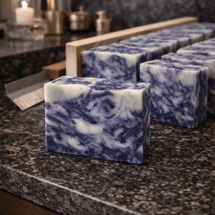 Handmade Stormy Nights Cold Process Soap with calming swirls of blue and white on a dark granite countertop.