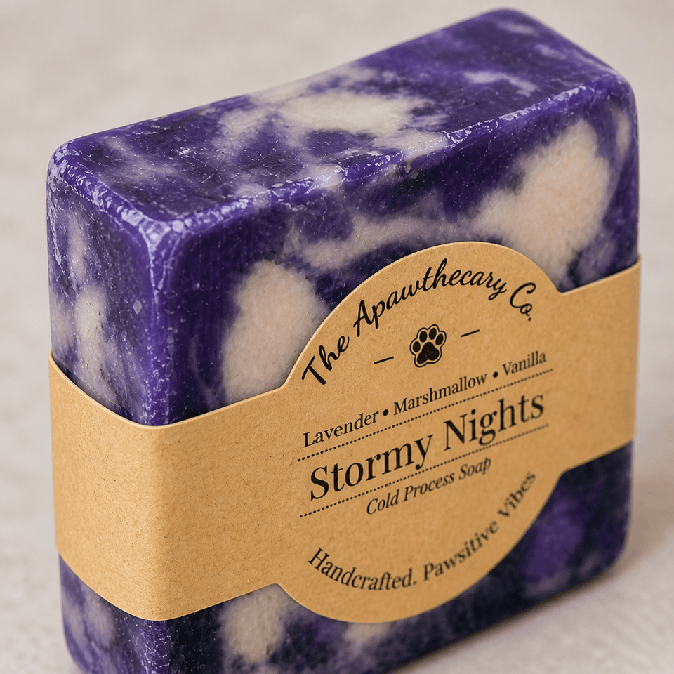 Purple and white marbled soap bar with a brown label on a light gray background