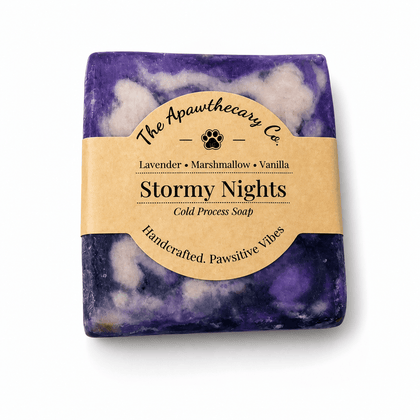 Purple and white soap bar with a brown label on a white background