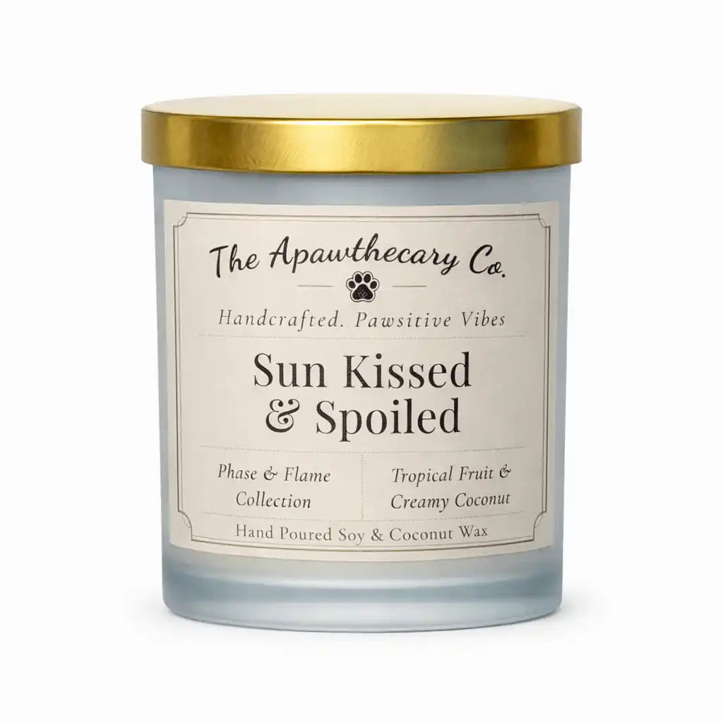 Sun-Kissed & Spoiled — Tropical Citrus Coconut & Soft Vanilla Candle in frosted glass jar with gold lid.