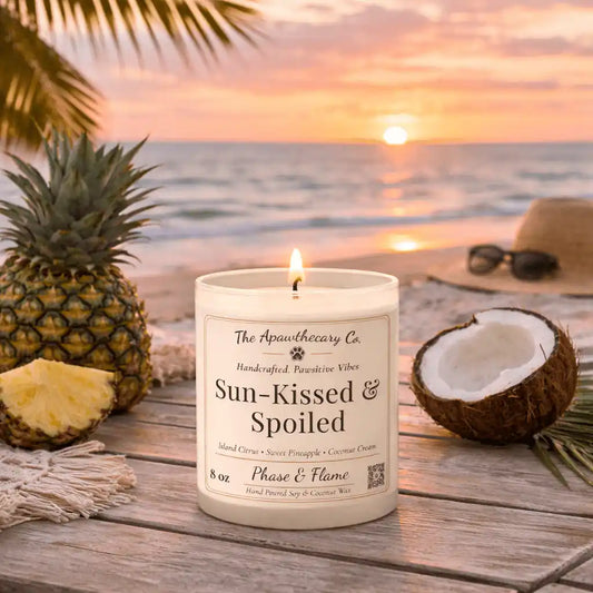 Sun-Kissed & Spoiled — Tropical Citrus Coconut & Soft Vanilla Candle with sunset and tropical setting.