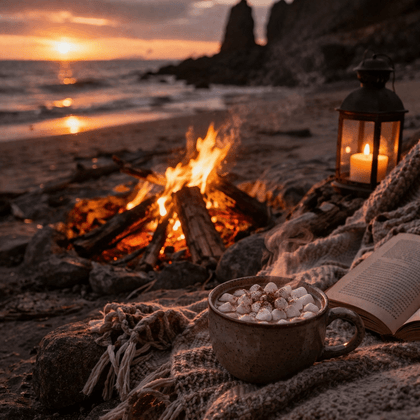 Cozy scene with a cup of hot chocolate, bonfire, and sunset on the beach, creating a relaxing atmosphere.