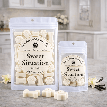 Soy & coconut wax melts in Caramel, Sugar, and Vanilla scents, packaged in 8 oz bags with bone-shaped melts.