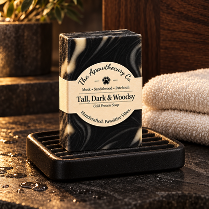 Tall, Dark & Woodsy soap on a black draining dish with an ivory towel