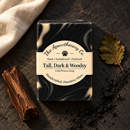 Tall, Dark & Woodsy soap styled with sandalwood, patchouli and charcoal