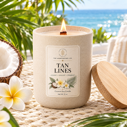 Tan Lines candle in a bright tropical sunroom