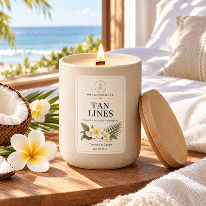 Tan Lines candle in a sunlit coastal bedroom