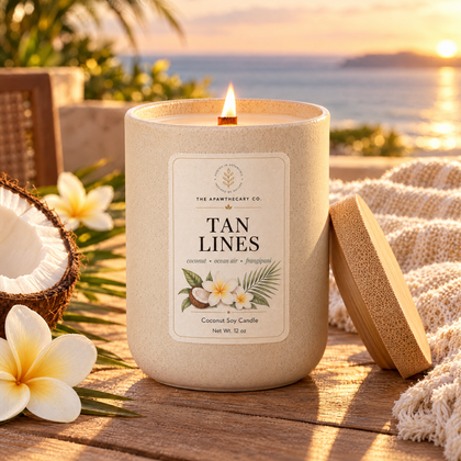 Tan Lines candle on a golden-hour coastal patio