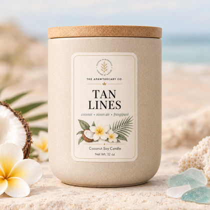 Tan Lines product image with coastal tropical background