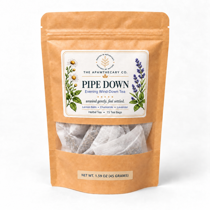 Pipe Down herbal tea pouch labeled 15 tea bags. Net weight: 45 grams.