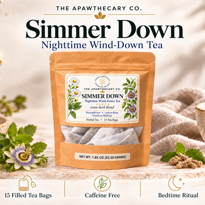 Simmer Down tea; corrected three-herb front label, seven-herb blend, 15 tea bags, 52.50 g.