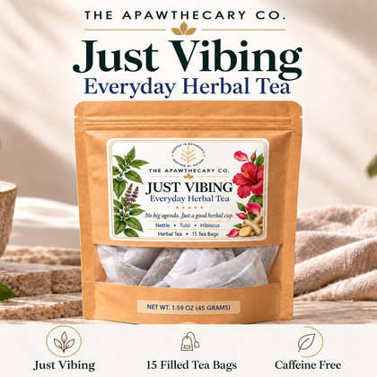 Just Vibing — Everyday Herbal Tea; product showcase. Net weight: 45 grams.