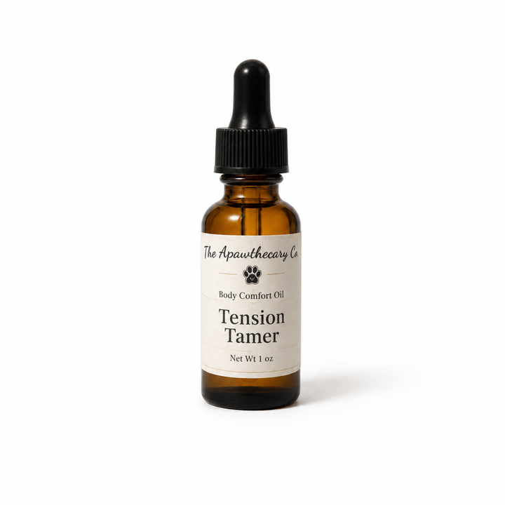 One-ounce amber dropper bottle of Tension Tamer body comfort oil on a white background.