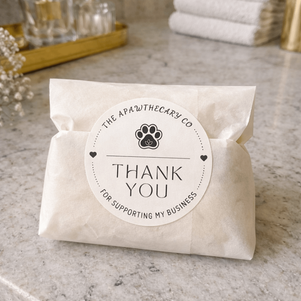 Product packaging with a 'Thank You' label on a marble surface