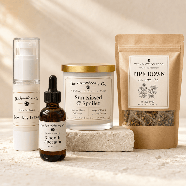 The Good Stuff bundle with Low-Key Lotion, Smooth Operator oil, Sun-Kissed & Spoiled candle, and Pipe Down tea.