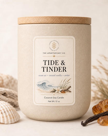 Tide & Tinder candle product image with coastal background