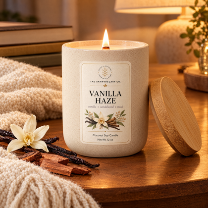 Vanilla Haze candle in a cozy reading setting