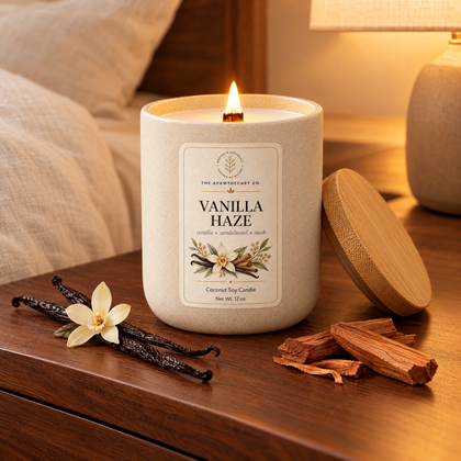 Vanilla Haze candle in a warm creamy bedroom setting