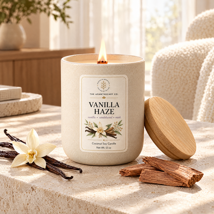 Vanilla Haze candle in a warm minimalist living room