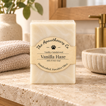 Vanilla Haze soap on a warm wood and stone bathroom vanity