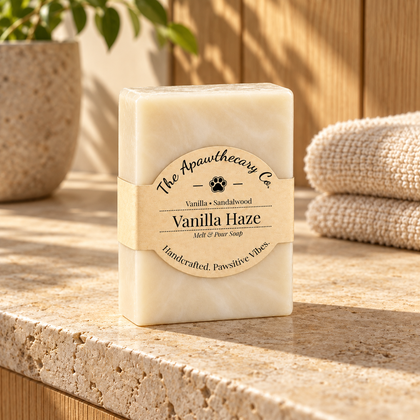 Vanilla Haze soap on a warm travertine bath ledge