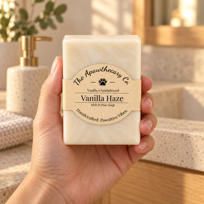 Vanilla Haze soap held in hand in a warm modern bathroom