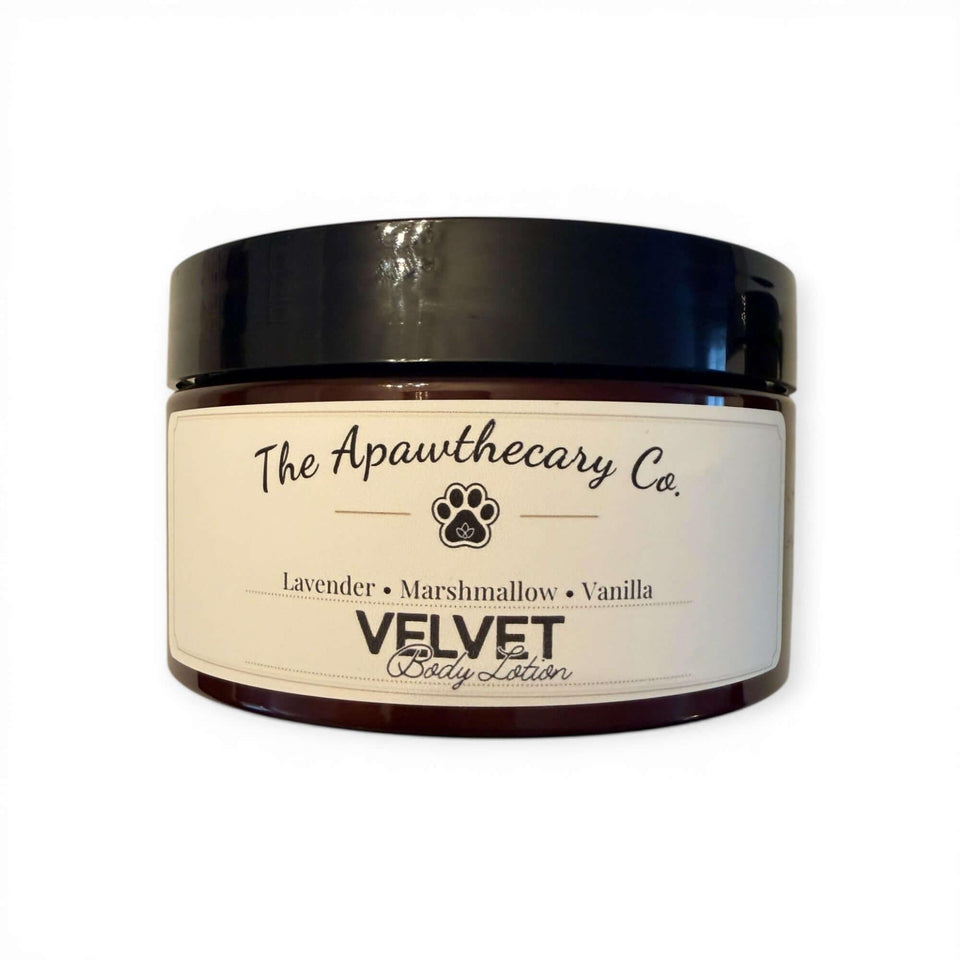 Velvet & Ember - Body Lotion – Lightweight Moisturizer for Dry Skin in a jar with lavender, marshmallow, and vanilla scents.