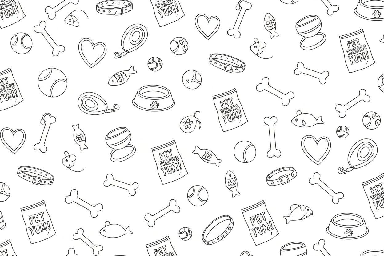 white background, add black outline of pet treats and accessories randomly scattered throughout