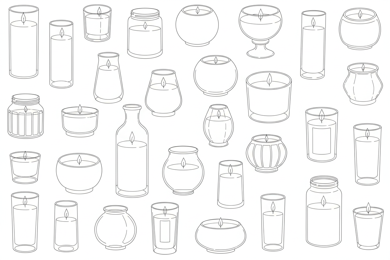 white background, add black outlines of mutilple candles in various jars and sizes scattered randomly throughout 