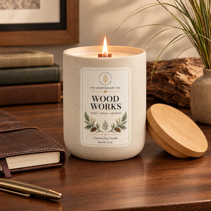 Wood Works candle in a refined home office