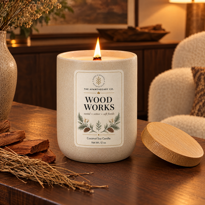 Wood Works candle in a warm modern den