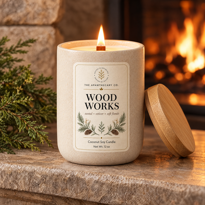 Wood Works candle on a stone fireplace mantel