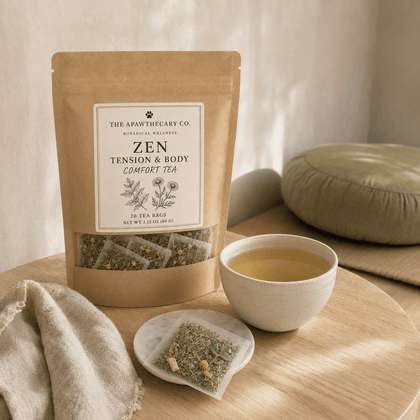 Zen herbal tea pouch beside a brewed cup and one tea bag on a small dish.