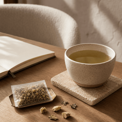 A ceramic cup filled with pale yellow tea sits on a stone coaster on a wooden table, next to a small clear packet of loose herbal tea and scattered dried tea leaves. An open notebook and a textured chair are softly blurred in the background.