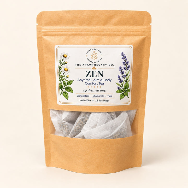 Zen herbal tea pouch labeled 15 tea bags.