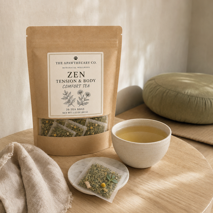 A kraft paper pouch of The Apawthecary Co. Zen Tension & Body Comfort Tea stands on a round wooden table beside a cup of brewed tea and a single tea bag on a small dish.